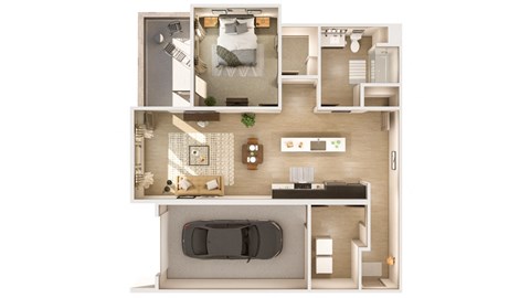 Floor plan for 1 bed, 1 bath, 877 sqft